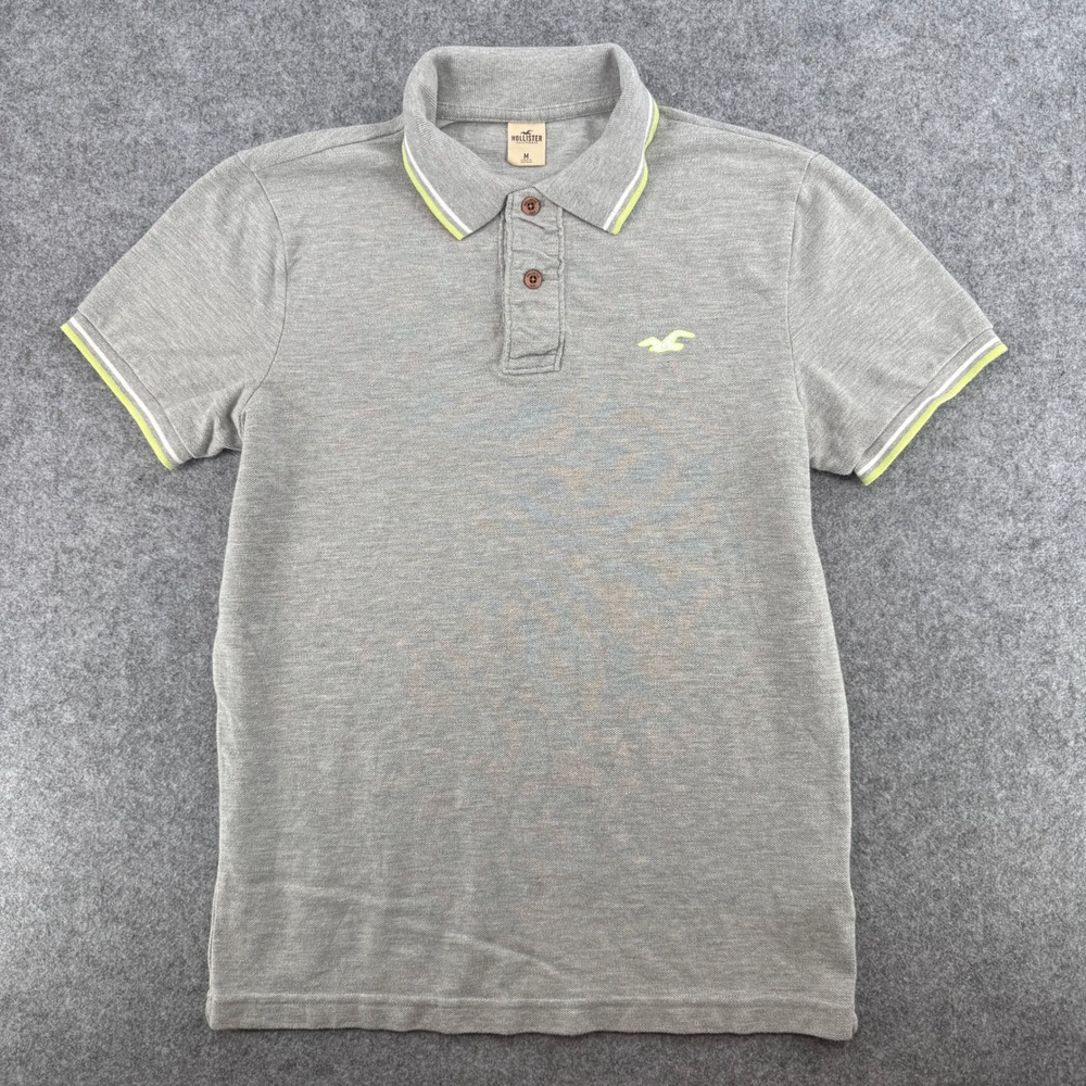 Y2K Hollister Polo Shirt Mens M Grey Neon Yellow Tipped Logo Short Sleeve EUC